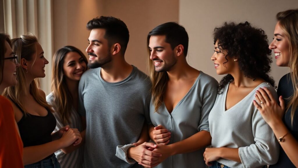 Diverse group sharing intimate moments, conveying connection.