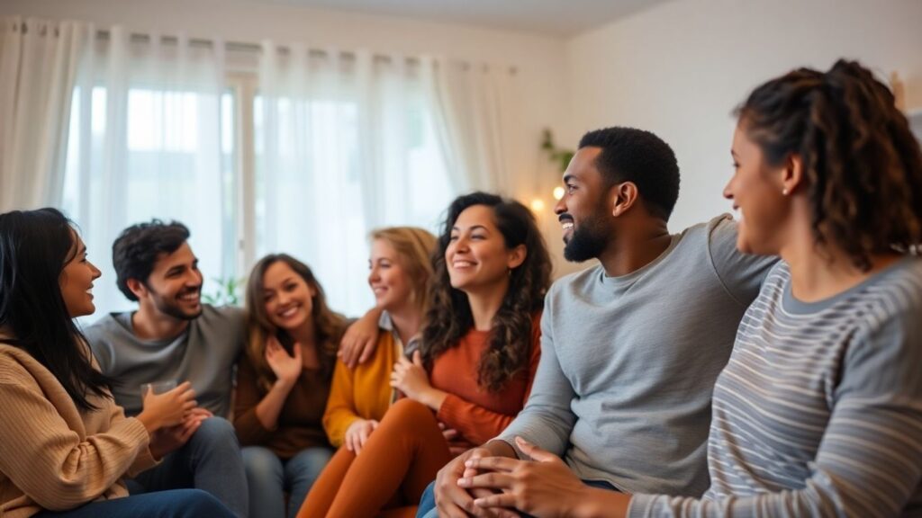 Diverse group sharing smiles and connection in a living room.