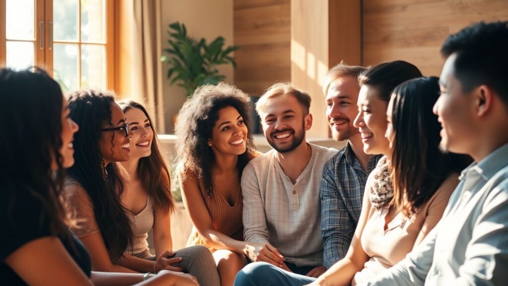 Diverse group sharing smiles and connection in a warm setting.