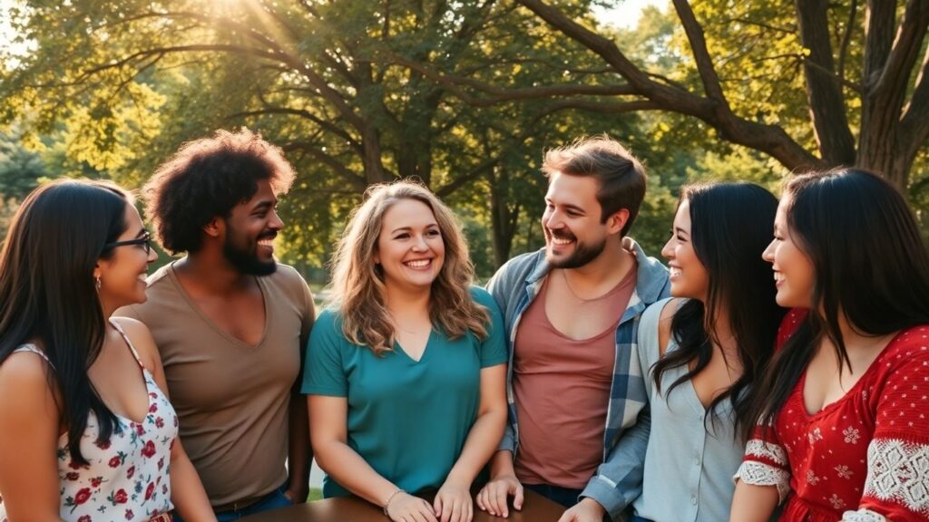 Diverse group sharing smiles and connection outdoors.
