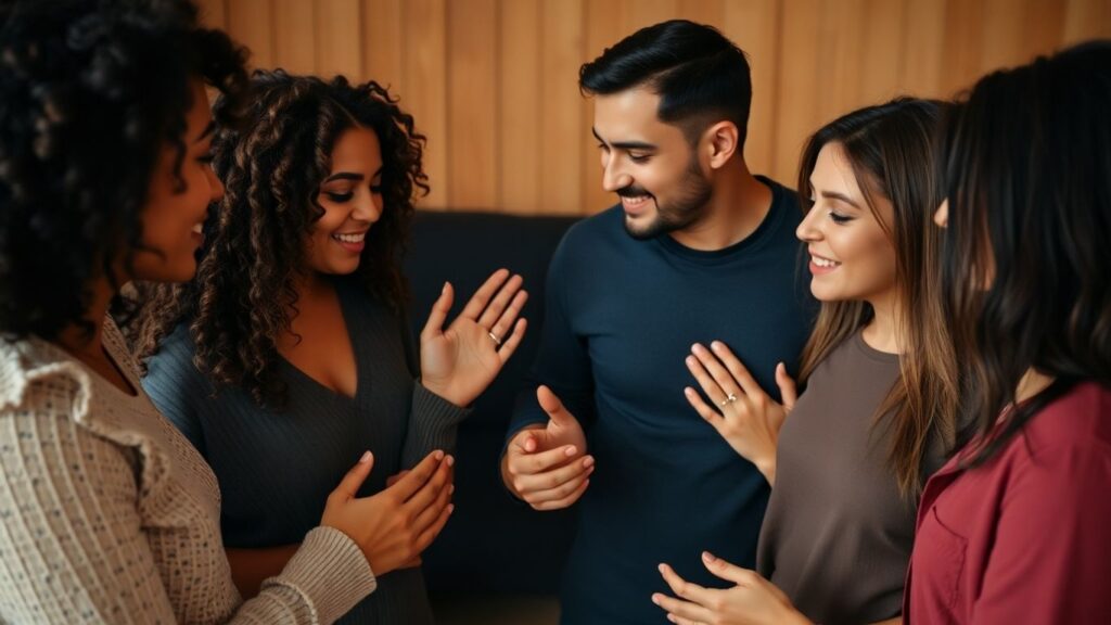 Diverse individuals in a warm, intimate polyamorous setting.