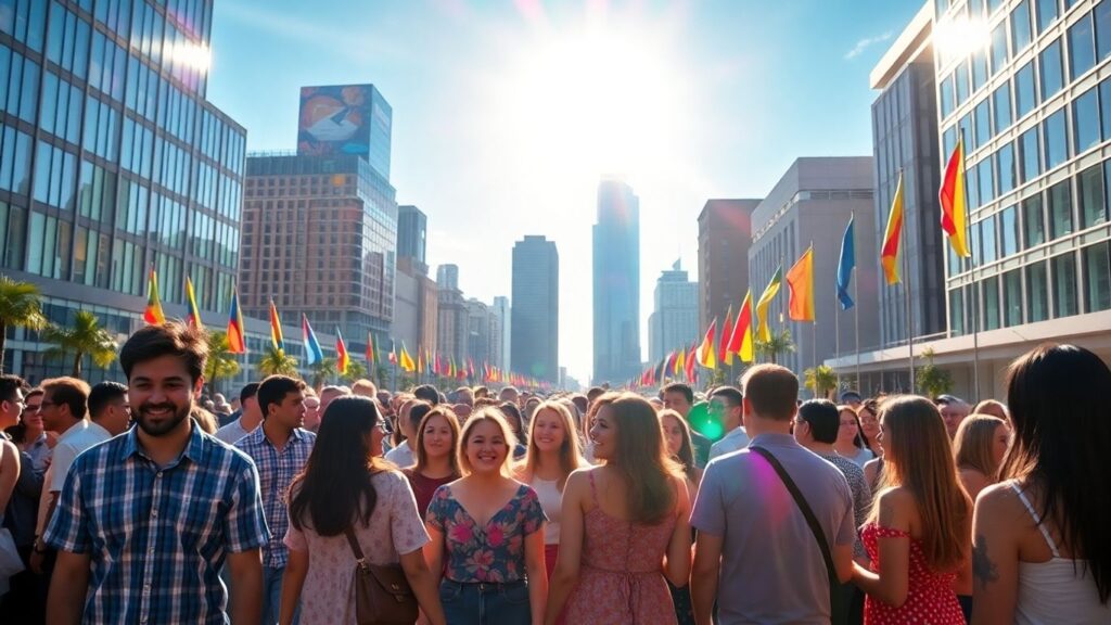 Diverse people celebrating in a colorful, modern city.