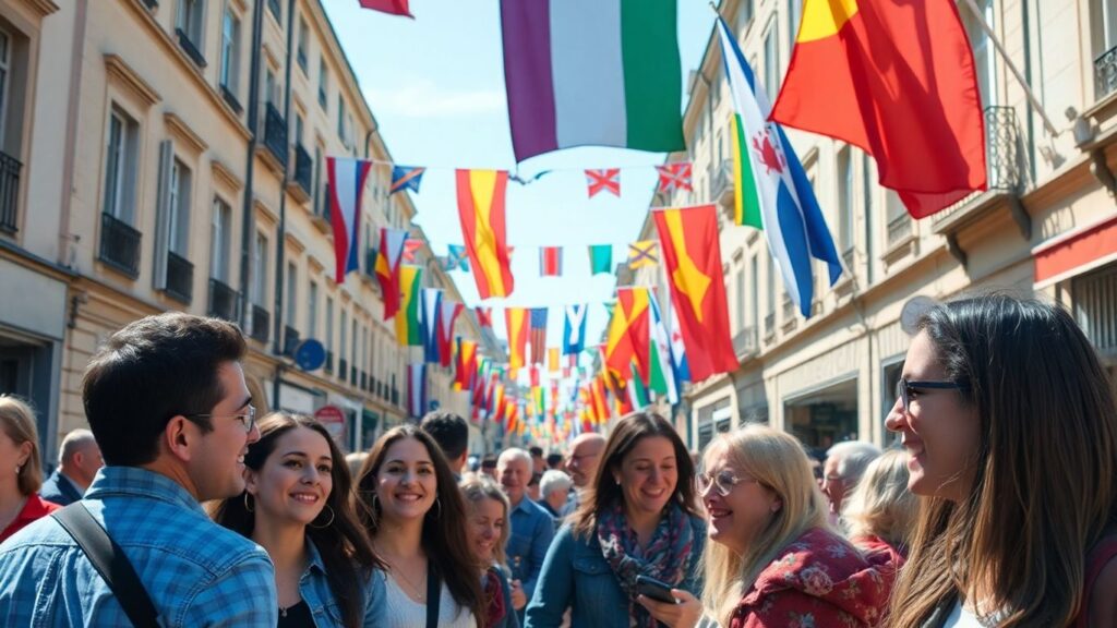 Diverse people celebrating in a colorful, open European city.