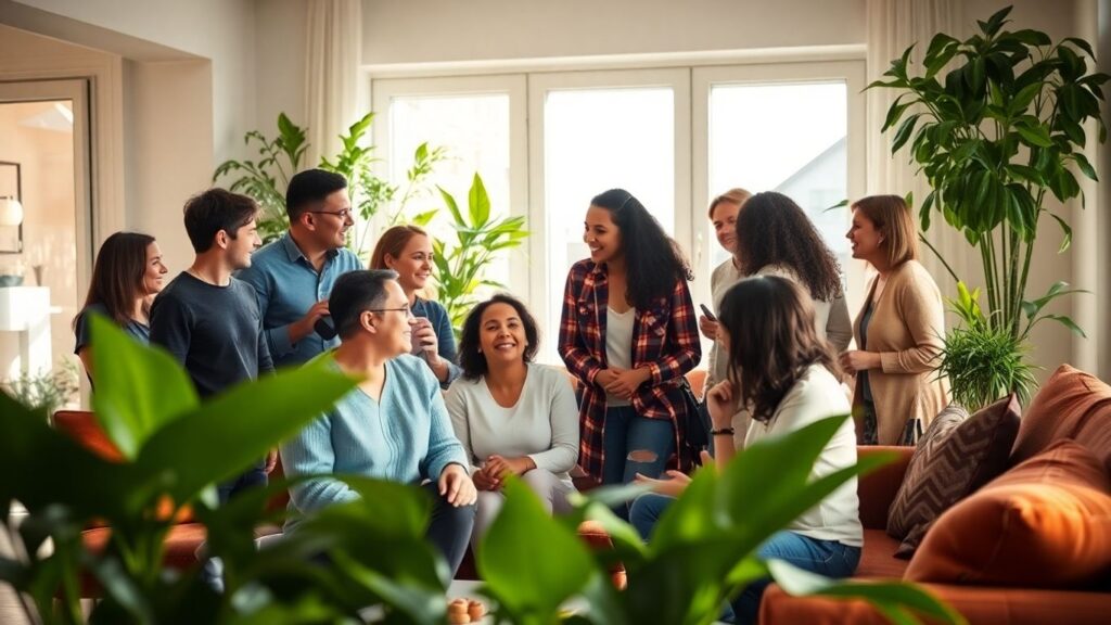 Diverse people cohabitating in a modern, shared living space.
