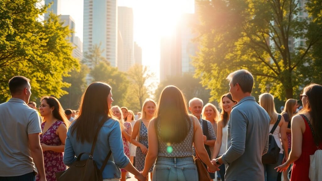 Diverse people connecting in a European city park.