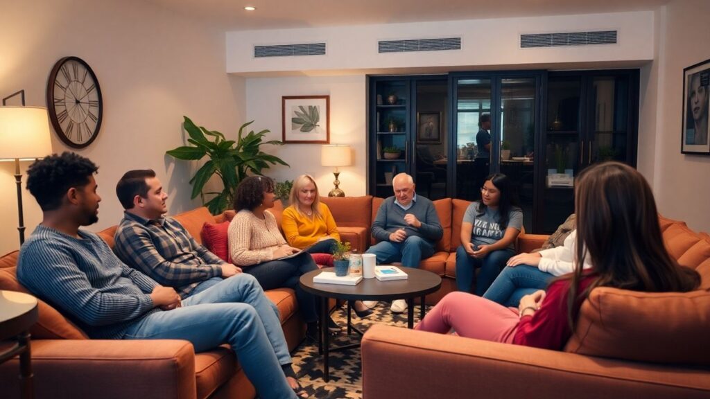 Diverse people connecting in a cozy, shared living space.