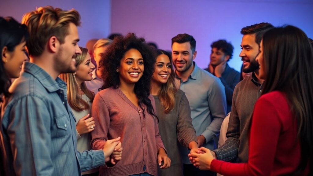 Diverse people connecting in a modern relationship setting.