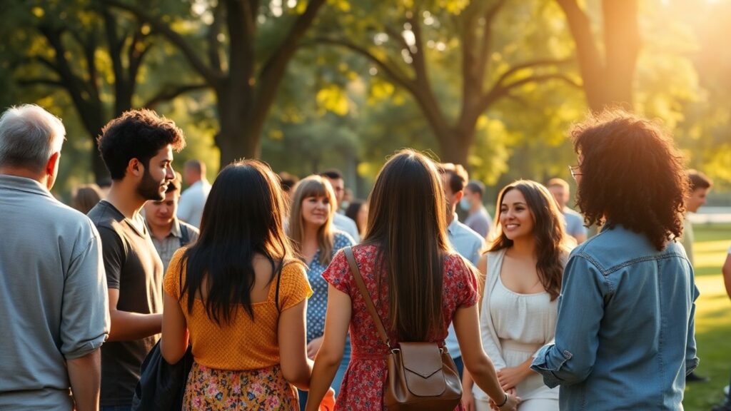 Diverse people connecting in a park, symbolizing modern love.