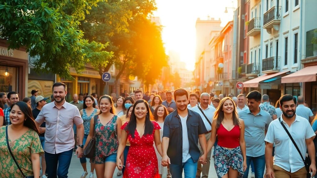 Diverse people enjoying a vibrant, inclusive city street.