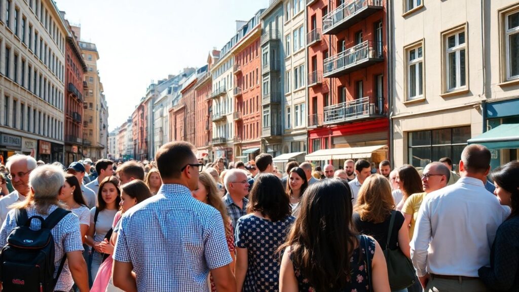Diverse people in a European city, symbolizing economic opportunity.