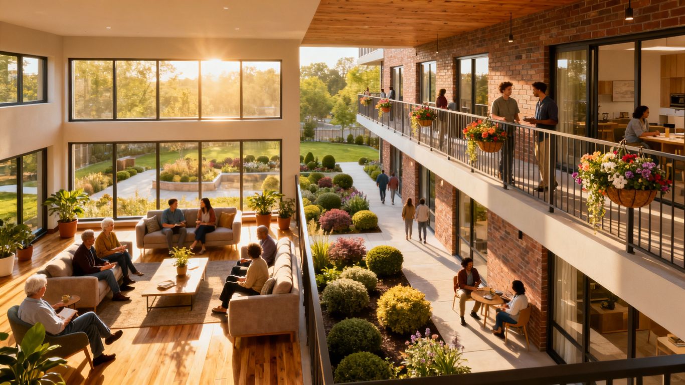 Diverse people in a modern cohousing community.