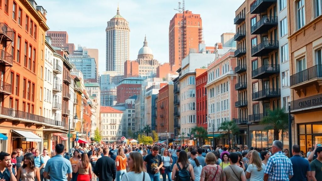 Diverse people in a welcoming, vibrant cityscape.