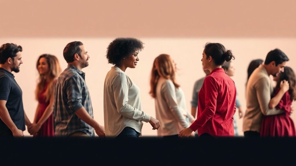 Diverse people in fluid, connected relationships.