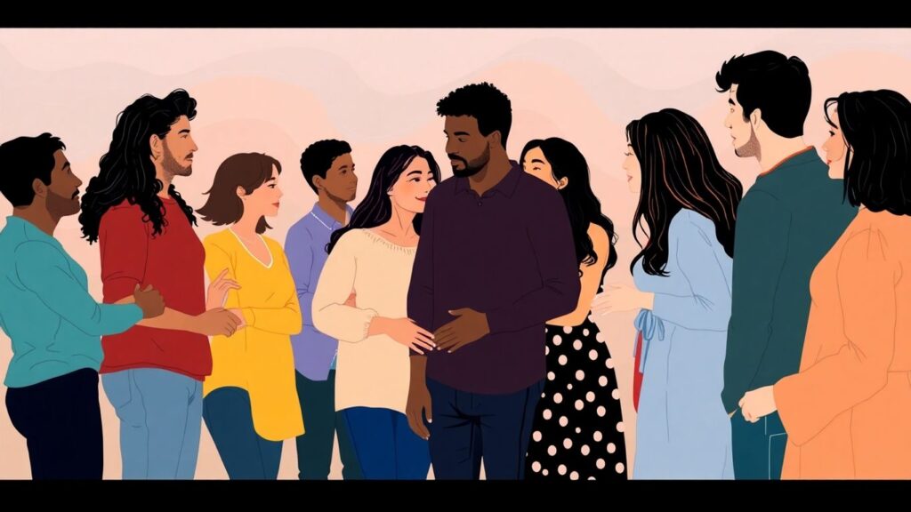 Diverse people in fluid, connected relationships.