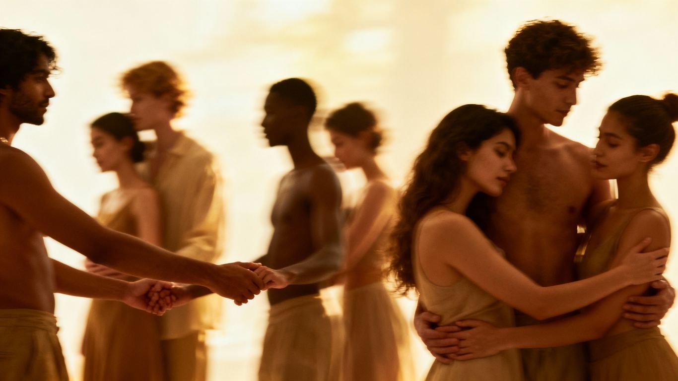 Diverse people in intimate, fluid relationships.