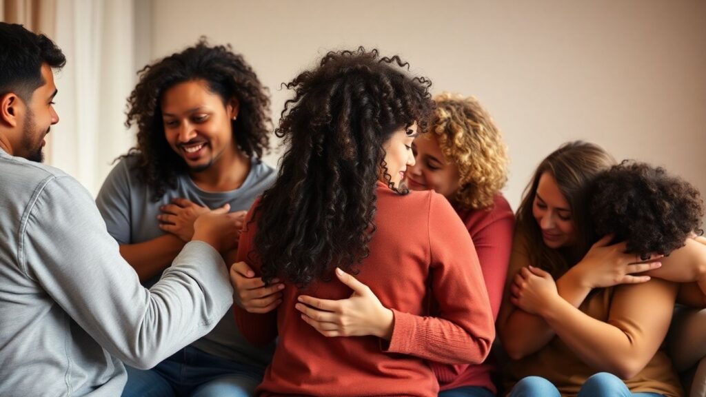 Diverse people in loving, connected embraces.