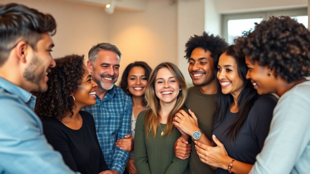 Diverse people sharing affection in a modern setting.