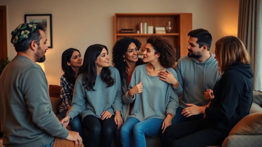 Diverse polyamorous group in a warm, connected conversation.