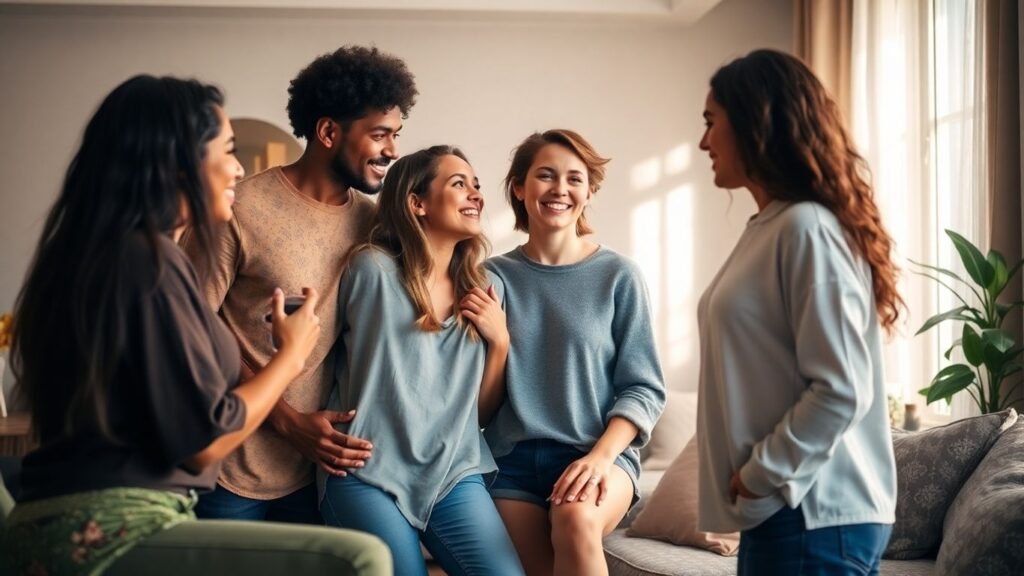 Diverse young adults in a warm, intimate setting.