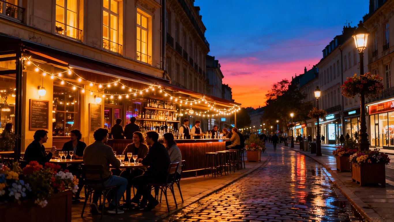 European city nightlife with cafes and bars.