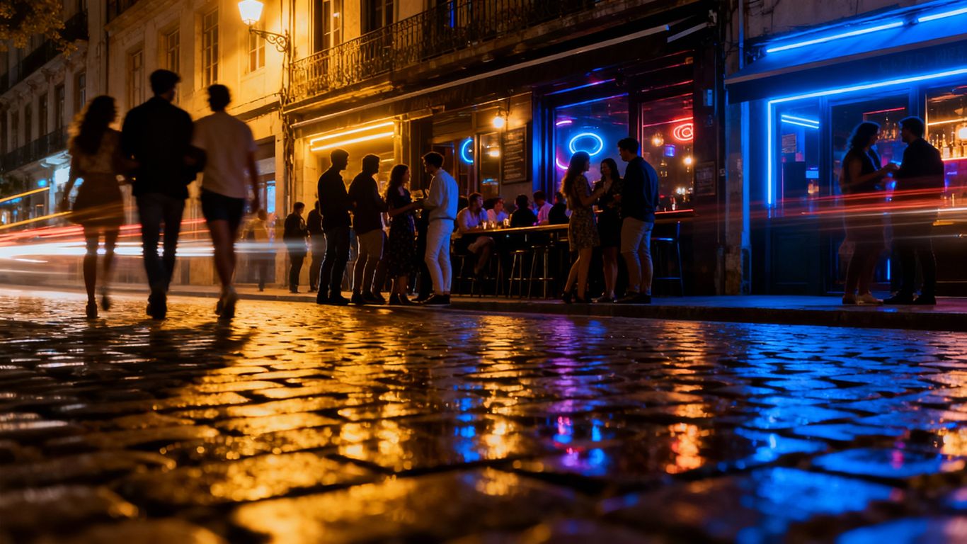 European city nightlife with diverse couples and groups.