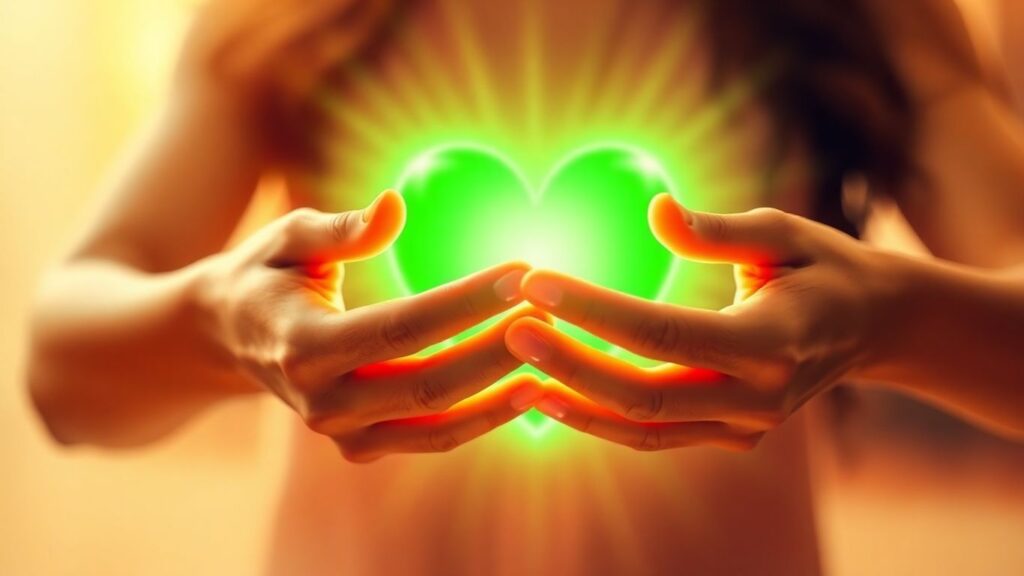 Green heart chakra with intertwined hands.
