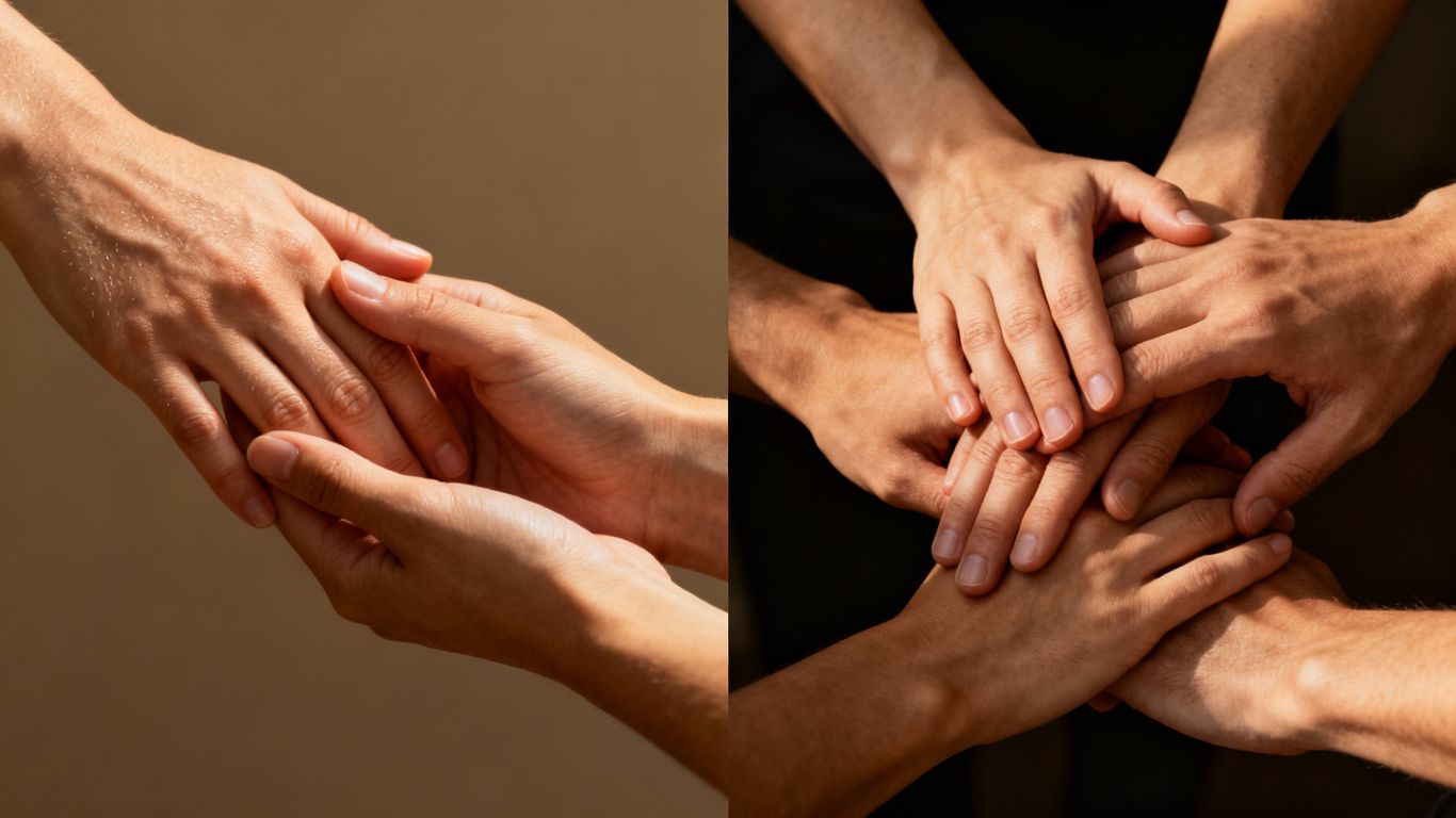 Hands connecting in different relationship structures.