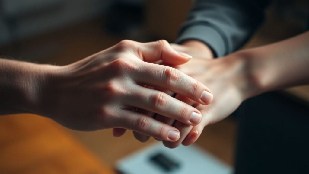 Hands gently intertwined, symbolizing trust and connection.