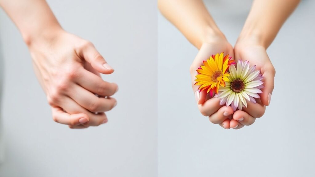 Hands intertwined versus separate hands holding flowers.