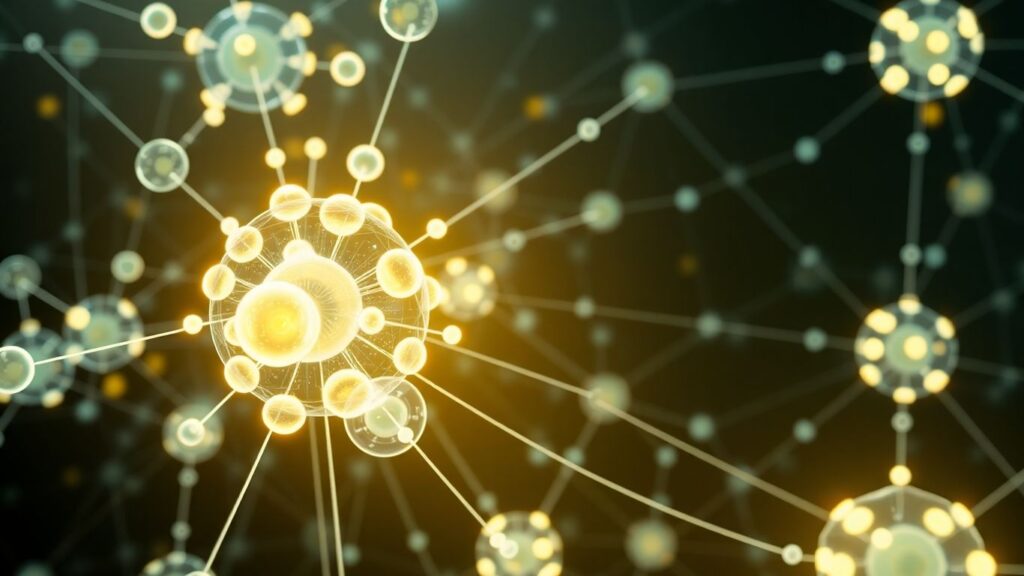 Interconnected abstract shapes forming a complex, glowing network.