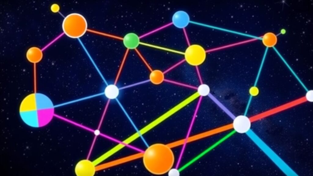 Interconnected geometric shapes forming a colorful constellation.