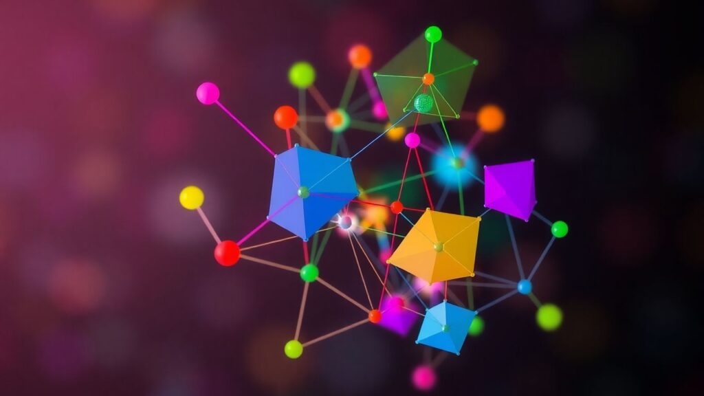 Interconnected geometric shapes forming a constellation.