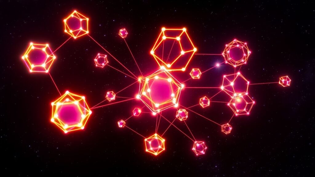 Interconnected glowing geometric shapes in a cosmic background.