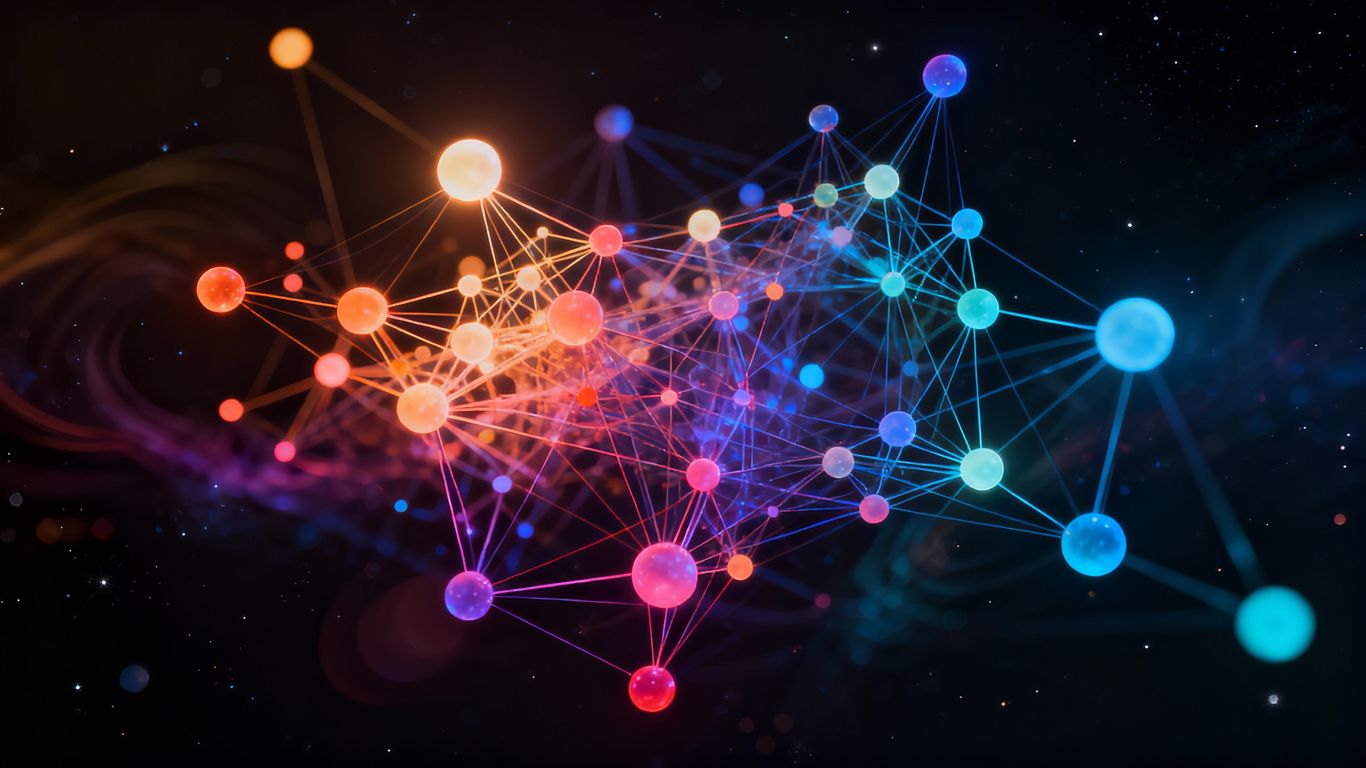 Interconnected glowing orbs forming a complex constellation.