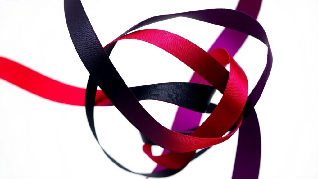 Intertwined colorful ribbons forming a complex knot.