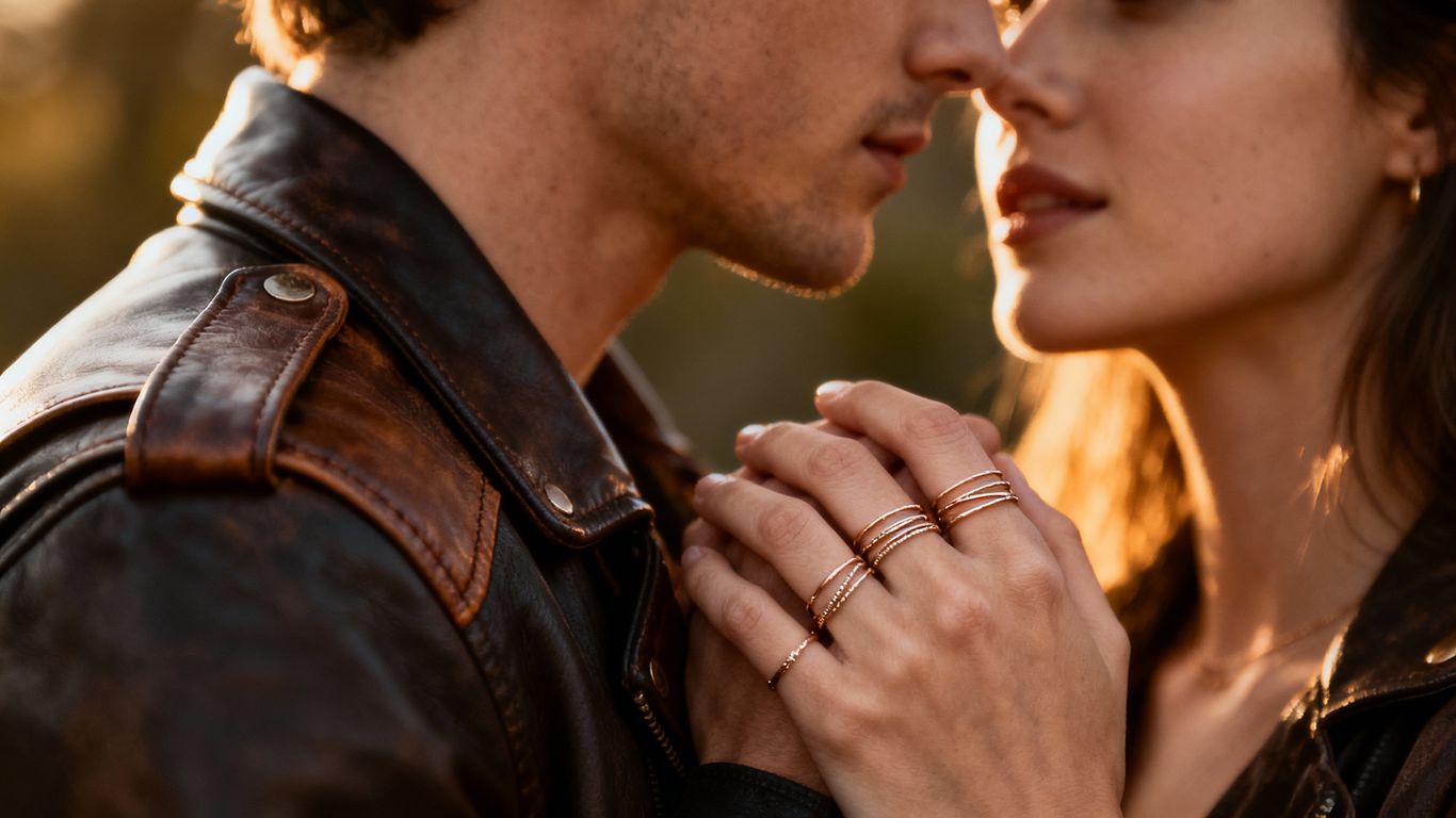 Intertwined figures, leather accents, multiple rings, intimate connection.