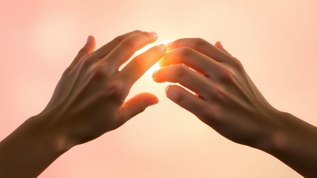 Intertwined hands reaching for heart light