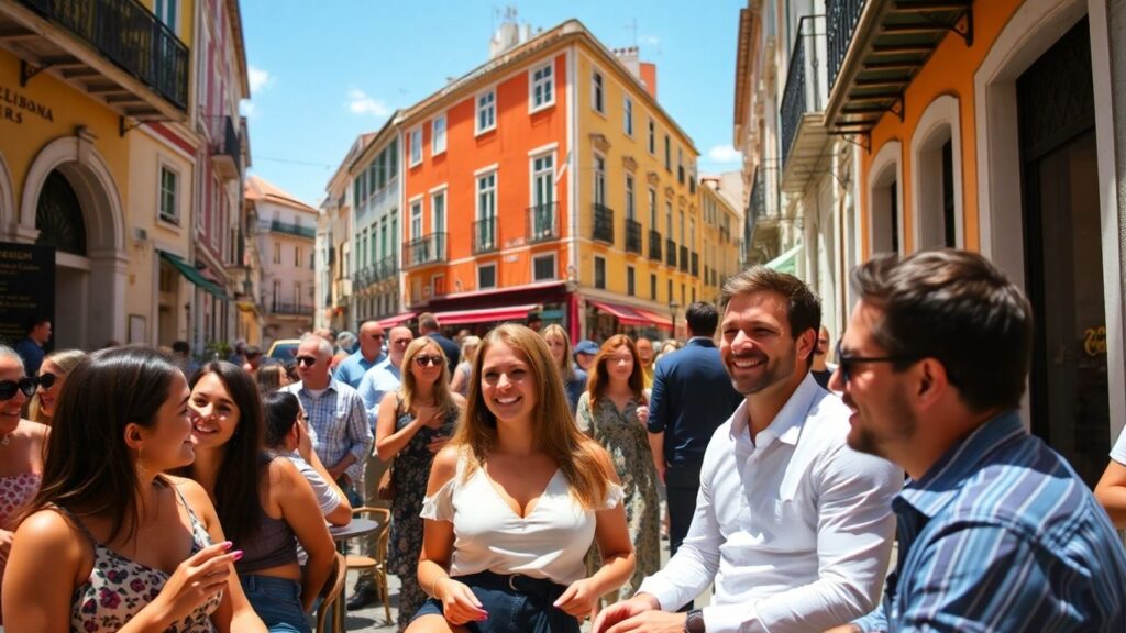 Lisbon street scene with couples and friends enjoying nightlife.