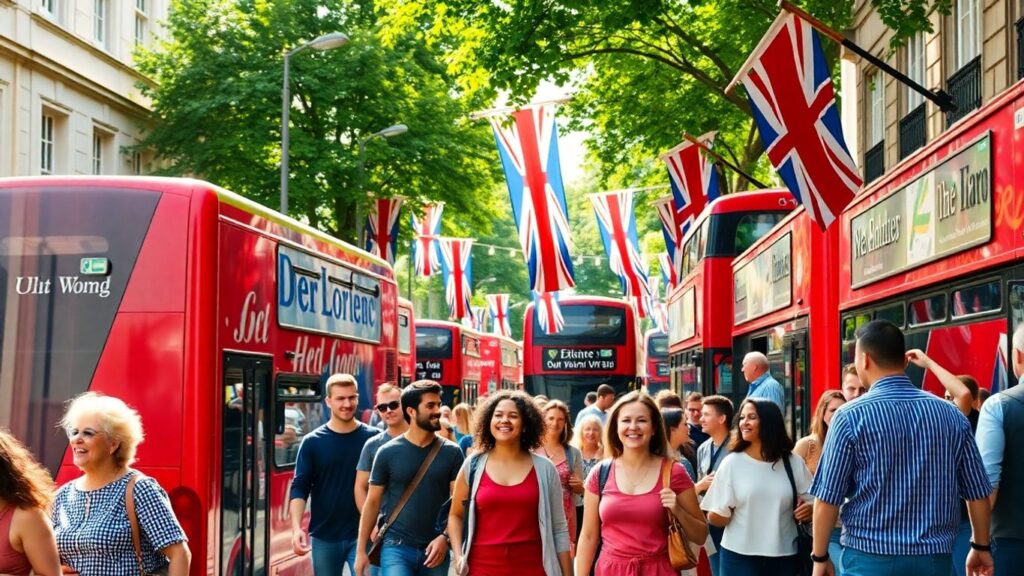 London street with people, buses, and historic buildings.