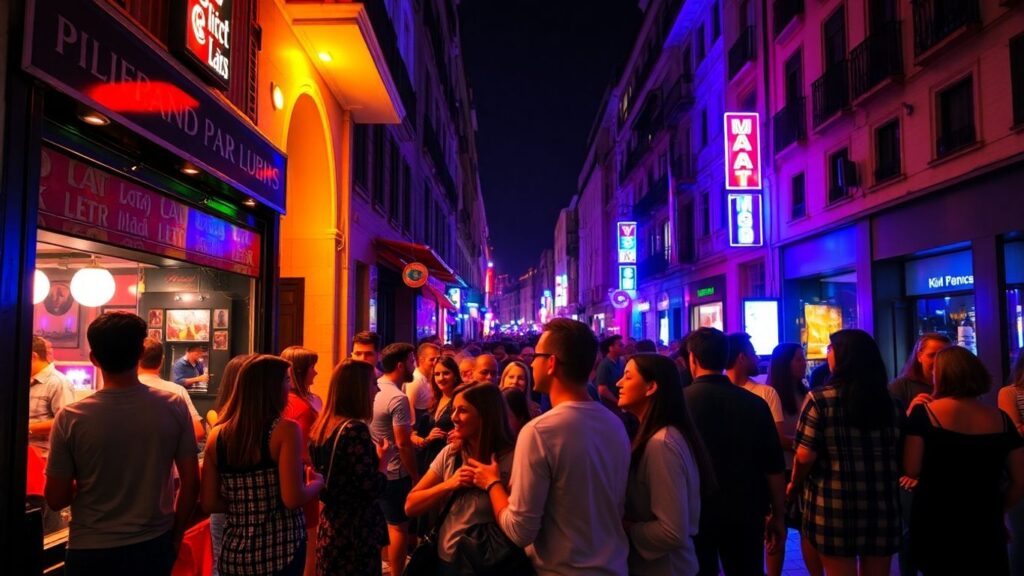 Madrid nightlife scene with happy couples and groups outside bars.