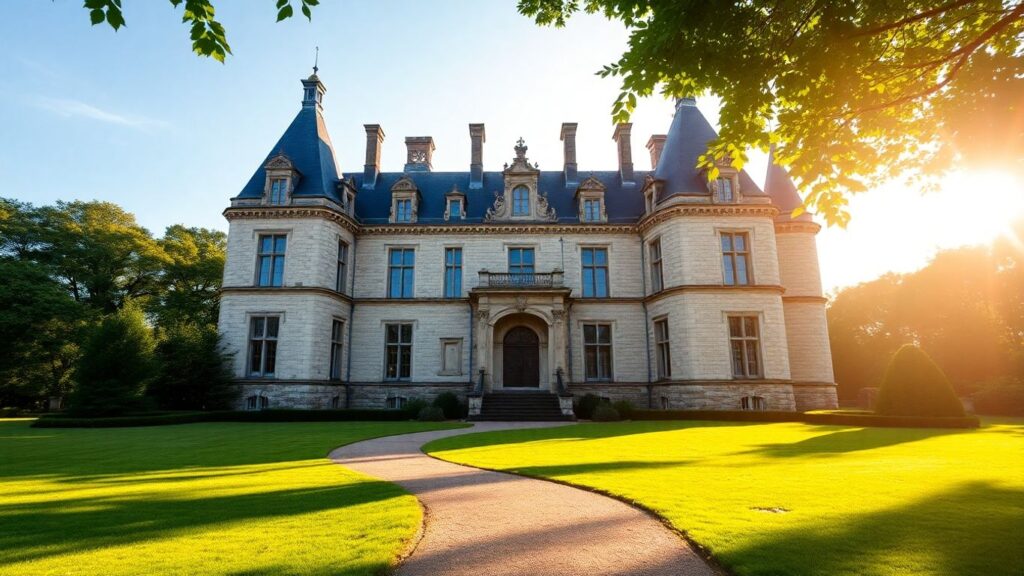 Majestic French castle with lush grounds and winding path.