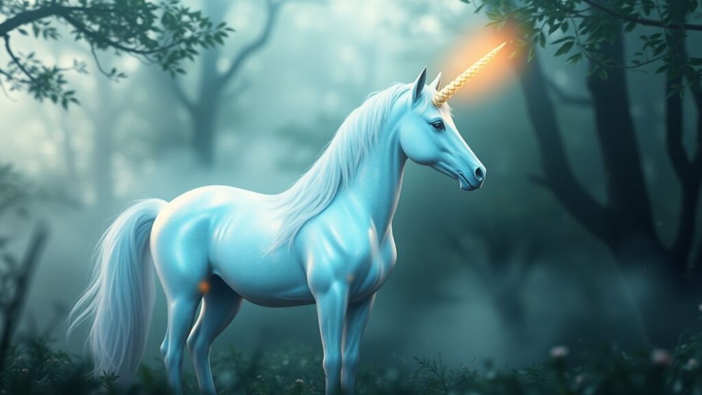 Mystical unicorn in a glowing, misty forest.