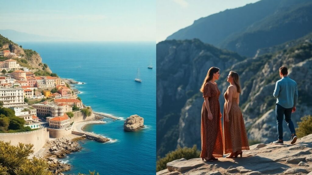 Northern and Southern European landscapes with interacting figures.