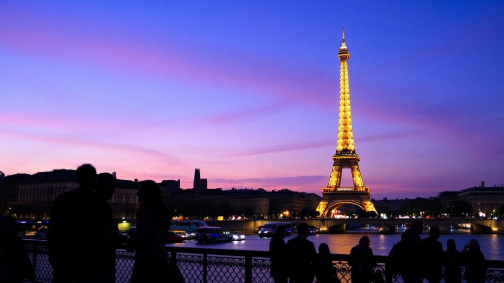 Paris cityscape with Eiffel Tower and couples by the Seine
