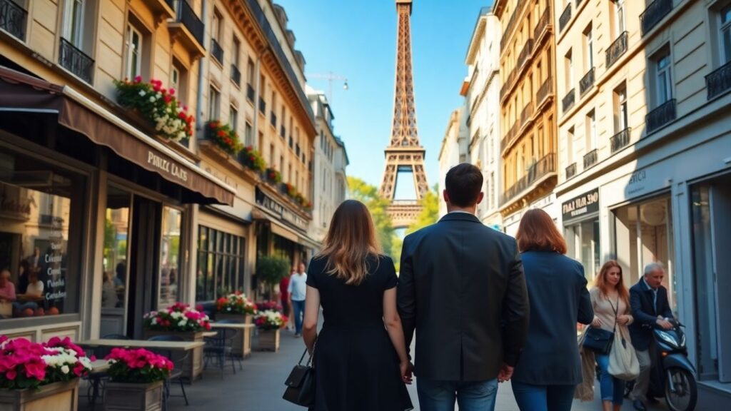 Parisian street with couples and Eiffel Tower.