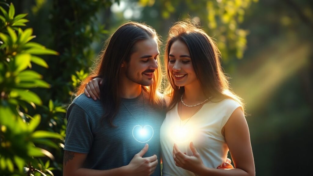 Partners connecting through heart chakra energy