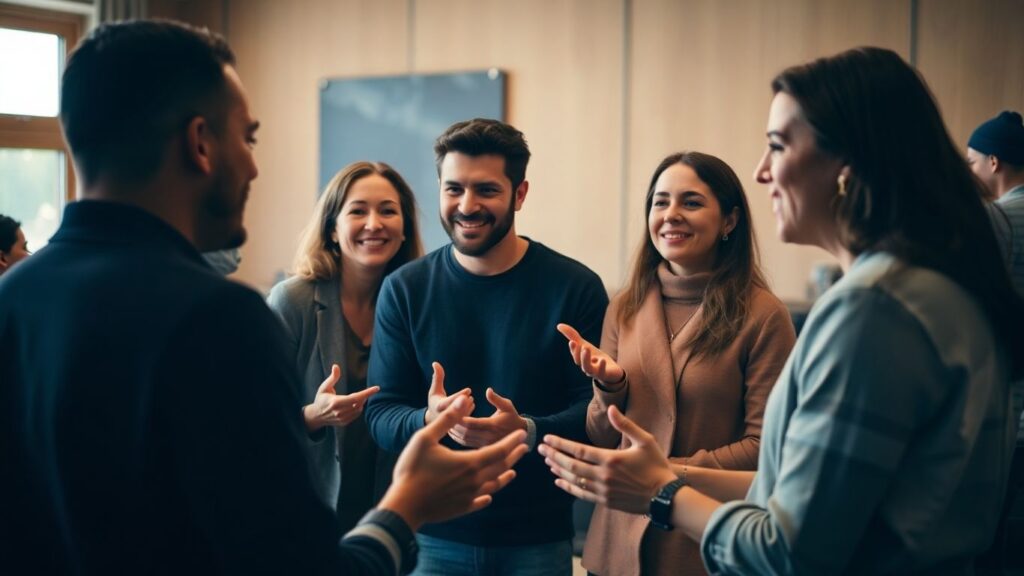 People communicating openly in a comfortable, well-lit room.