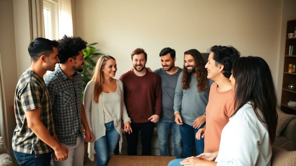 People connecting and communicating in a comfortable polyamorous setting.