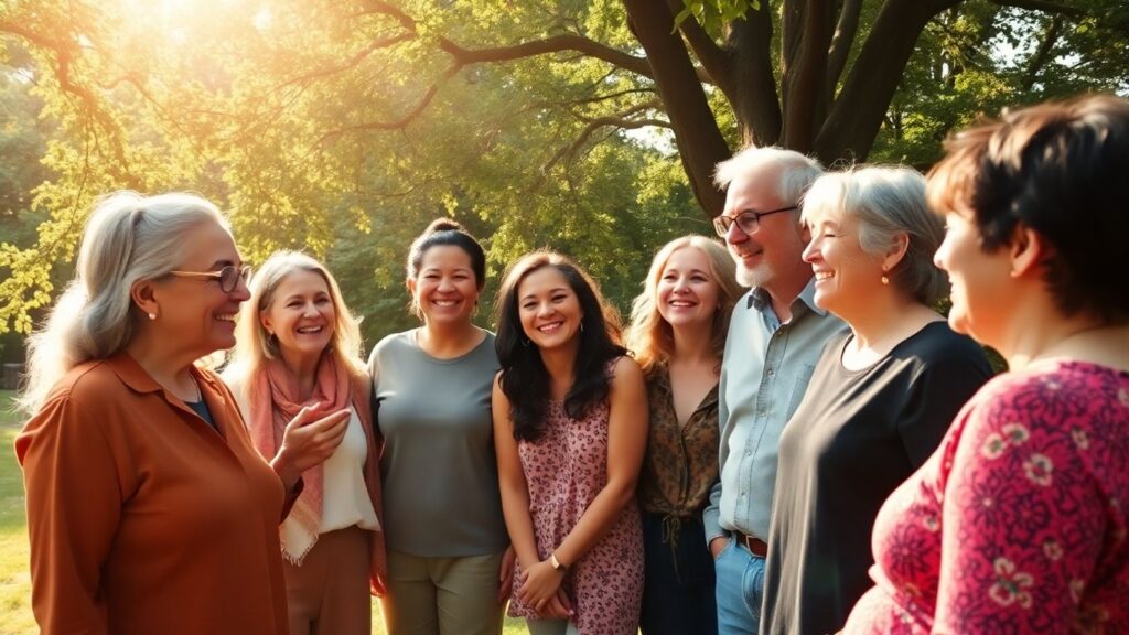 People connecting and sharing joy in a natural setting.