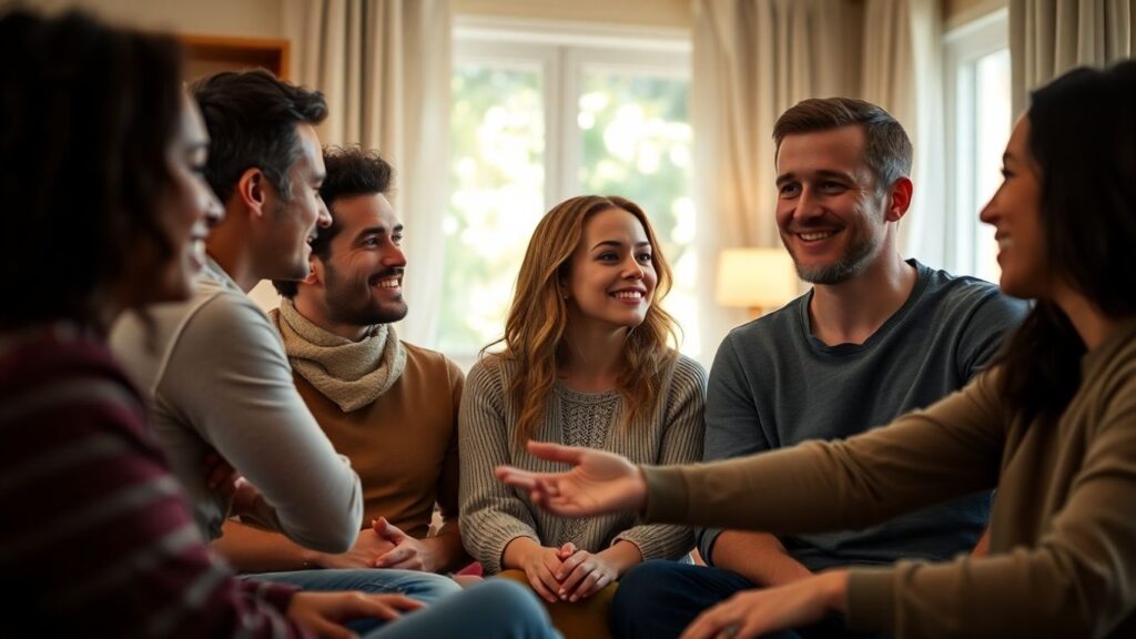 People connecting in a comfortable, modern living room.